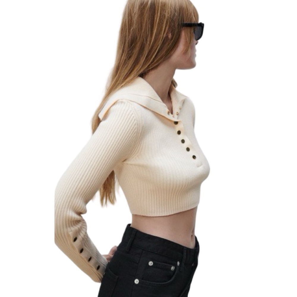 Zara Cream V-Neck Ribbed Sweater Oversized Big Sailor Collar XS